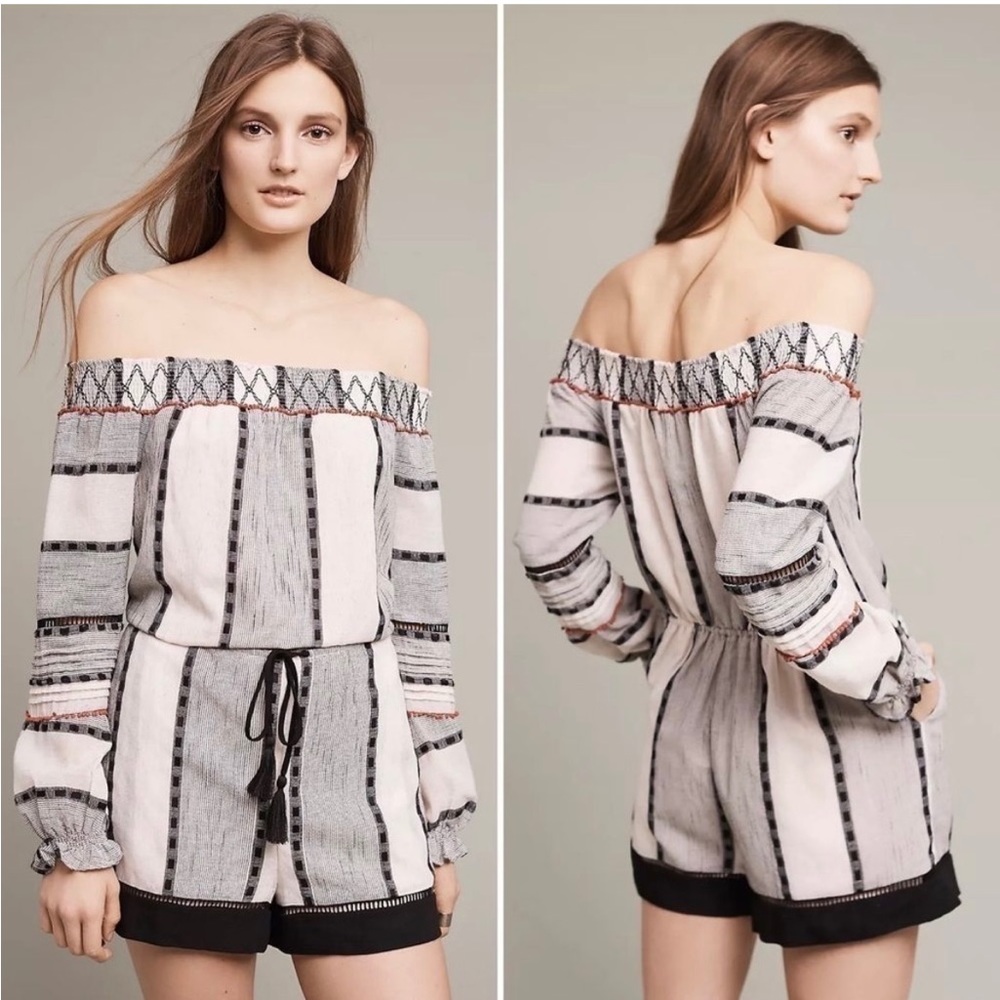 Anthropologie Hei Hei LaRue Embroidered Stripe Off The Shoulder Romper Size L